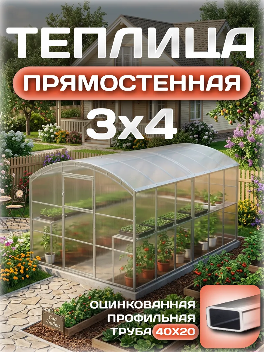 Теплица прямостенная 3х4 м, каркас 25х25, шаг дуг 0.65 м усиленная с поликарбонатом 4 мм 0,60 кг/м²